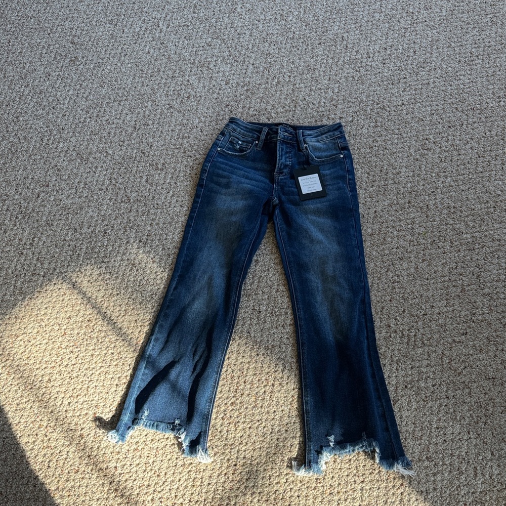 Dark Blue Flare Jeans with Frayed Hem